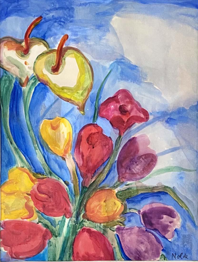 EMIL NOLDE MIXED MEDIA STILL LIFE ON PAPER V$25,000: MEASUREMENTS:29"WX37"H FRAMED, MINT CONDITION "in the style of" Emil Nolde was a German-Danish painter and printmaker/Private collection, Liveauctioneers policy requires to state "in the style of", no
