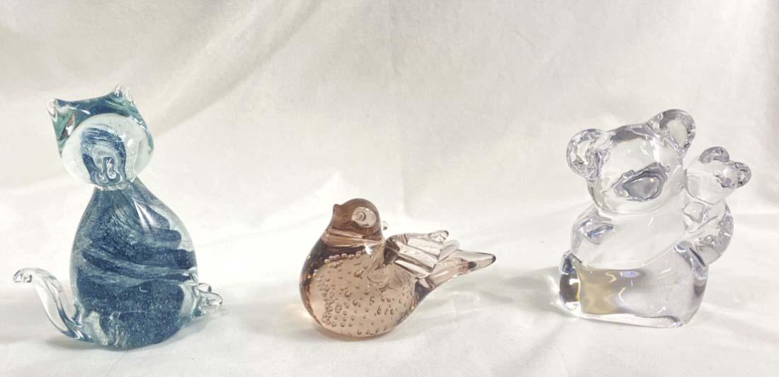 LOT OF 3 ADORABLE ART GLASS ANIMAL FIGURINES: KOALA AND BABY, CAT, AND BIRD.3-5" EACH MINT CONDITION