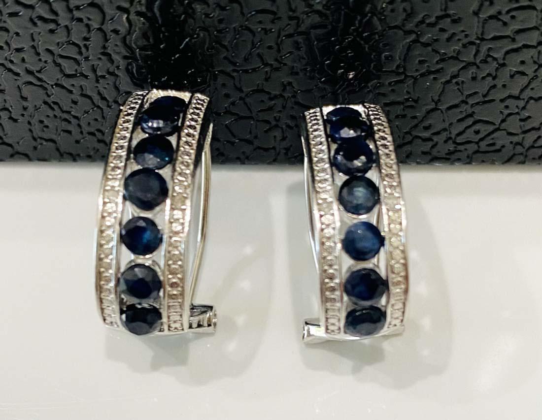 BEAUTIFUL MIDNIGHT BLUE SAPPHIRE 2CT HALF HOOP EARRINGS: STERLING SILVER