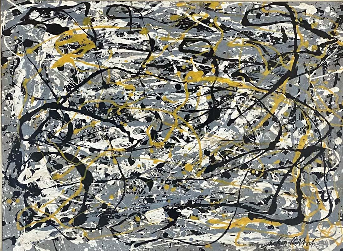 JACKSON POLLOCK ABSTRACT OIL ON PAPER V$40,000: 32"HX41"W FRAMED/ MINT CONDITION/"in the style of" Paul Jackson Pollock was an American painter and a major figure in the abstract expressionist movement./Private collection, Liveauctioneers policy re