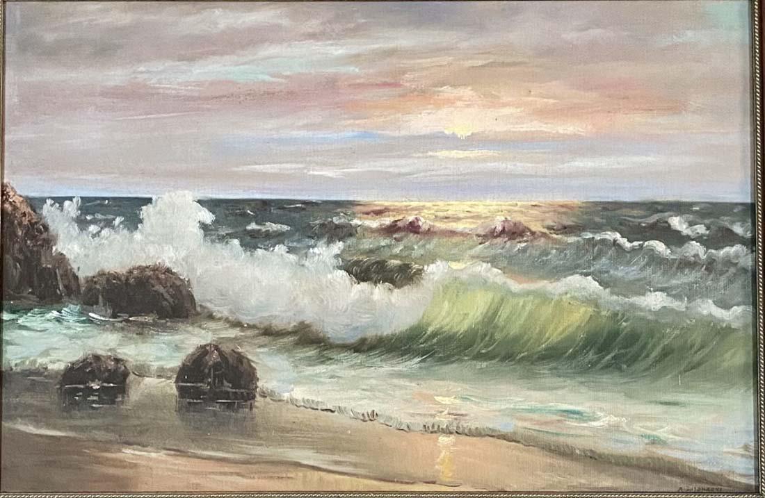 ALEXANDER DZIGVRSKI OIL ON CANVAS SEASCAPE V$13,000: 35"HX48"W MINT CONDITION, FRAMED/"in the style of"Alexander Dzigursky ( 1911-1995) Alexander Dzigurski, who is known for his seascapes, landscapes, and some portraiture/Private collection, Liveauction