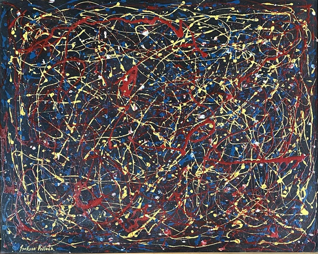 JACKSON POLLOCK ABSTRACT OIL ON CANVAS V$35,000: MEASUREMENTS:29"HX35"W FRAMED/MINT CONDITION/"in the style of" Paul Jackson Pollock was an American painter and a major figure in the abstract expressionist movement./Private collection, Liveauctionee