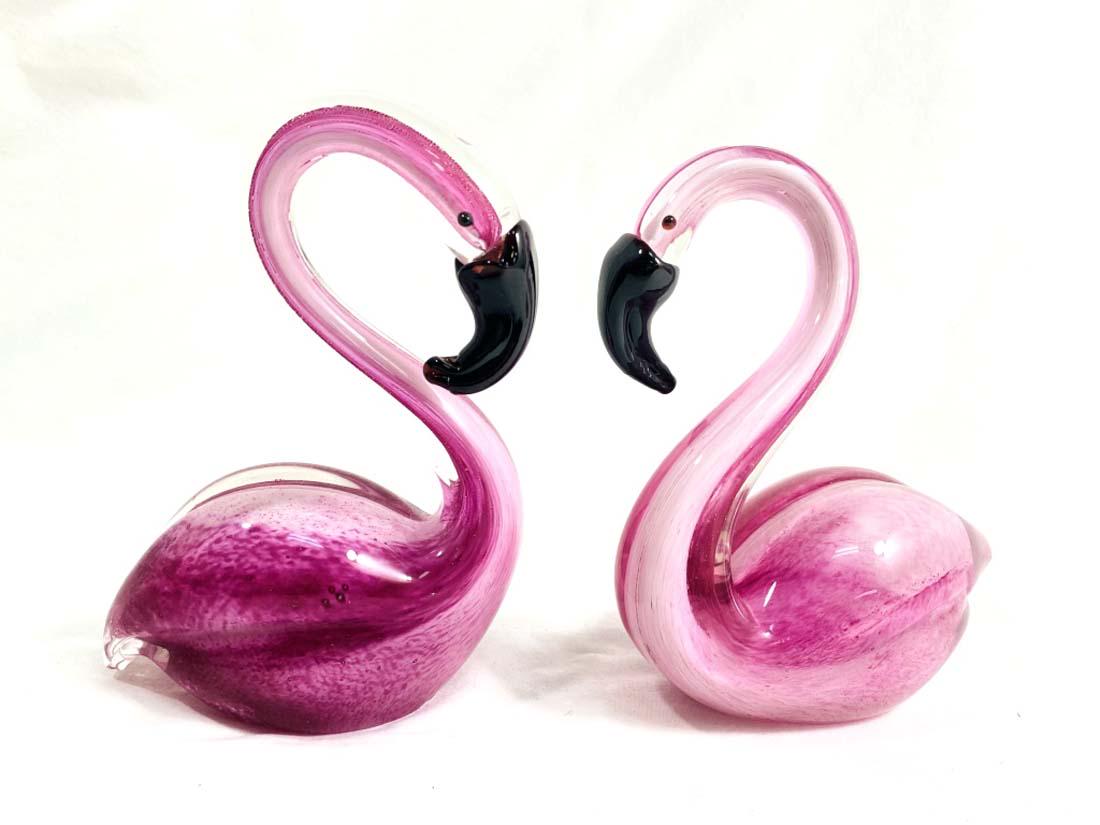 LOT OF 2 ELEGANT PINK ART GLASS FLAMINGO SCULPTURE (1 of 1)