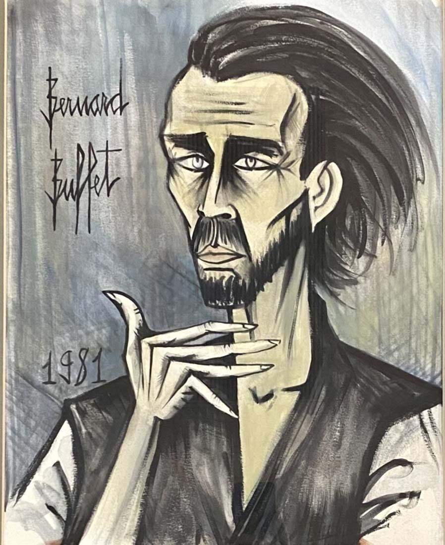BERNARD BUFFET FIGURATIVE GOACHE ON PAPER V$18,000: MINT CONDITION/MEASUREMENTS:The composition is19.5 inches high and 15.5 inches wide./"in the style of" Bernard Buffet was a French painter/Private collection, Liveauctioneers policy requires to state