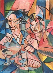 MARIE VASSILIEFF CUBIST OIL ON PAPER V$12,000: MEASUREMENTS: The composition is 29 inches high and 21 inches wide/MINT CONDITION"in the style of"Mariya Ivanovna VassiliÃ©va, better known as Marie Vassilieff, was a Russian-born painter /Private c