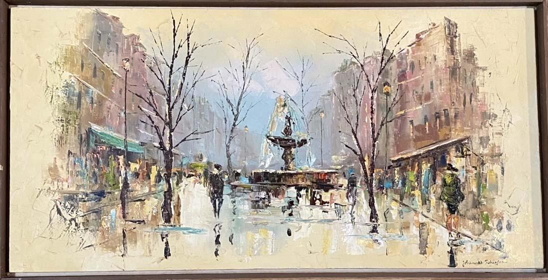 JOHANNES SCHEIEFER ACRYLIC ON CANVAS V$15,000: MINT CONDITION/19"HX37"W FRAMED, VERY GOOD CONDITION/"in the style of"Johannes Schiefer (1896â€“1979) was active lived in New YorK/Private collection, Liveauctioneers policy requires to state "in