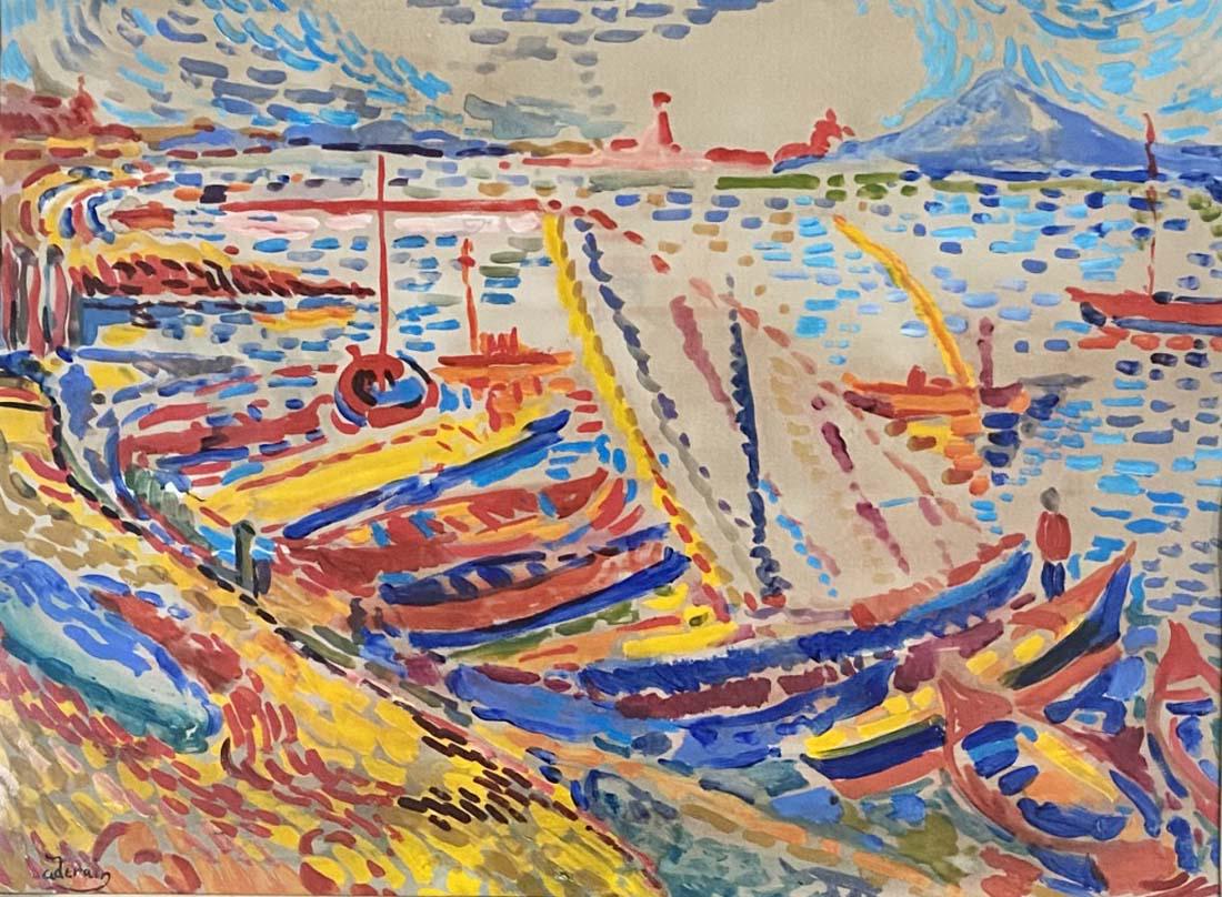 ANDRE DERAIN ABSTRACT OIL ON PAPER V$7,000: MEASUREMENTS:29"HX41"W FRAMED, MINT CONDITION/"in the style of"AndrÃ© Derain was a French artist, painter, sculptor and co-founder of Fauvism with Henri Matisse.The 1920s marked the height of his su