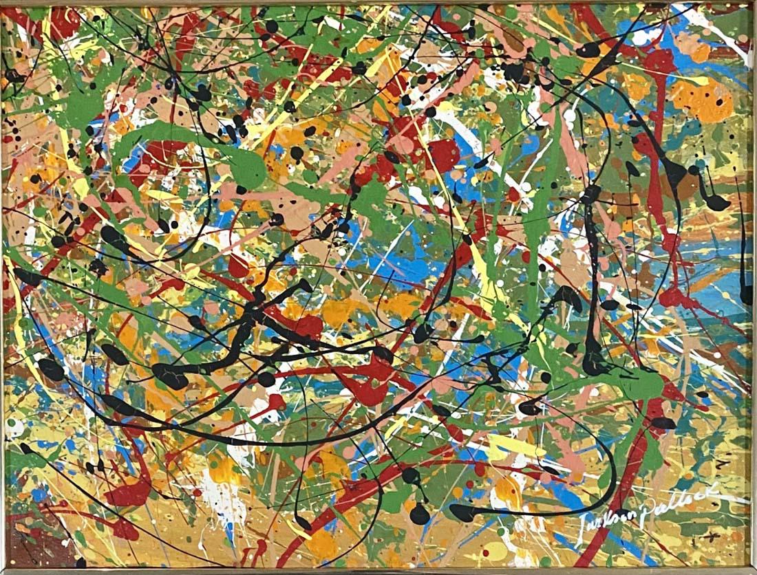 JACKSON POLLOCK ABSTRACT OIL ON CANVAS V$35,000: MEASUREMENTS:21"HX27"W FRAMED, MINT CONDITION/"in the style of"Paul Jackson Pollock (January 28, 1912 â€“ August 11, 1956) was an American painter and a major figure in the abstract expressionist