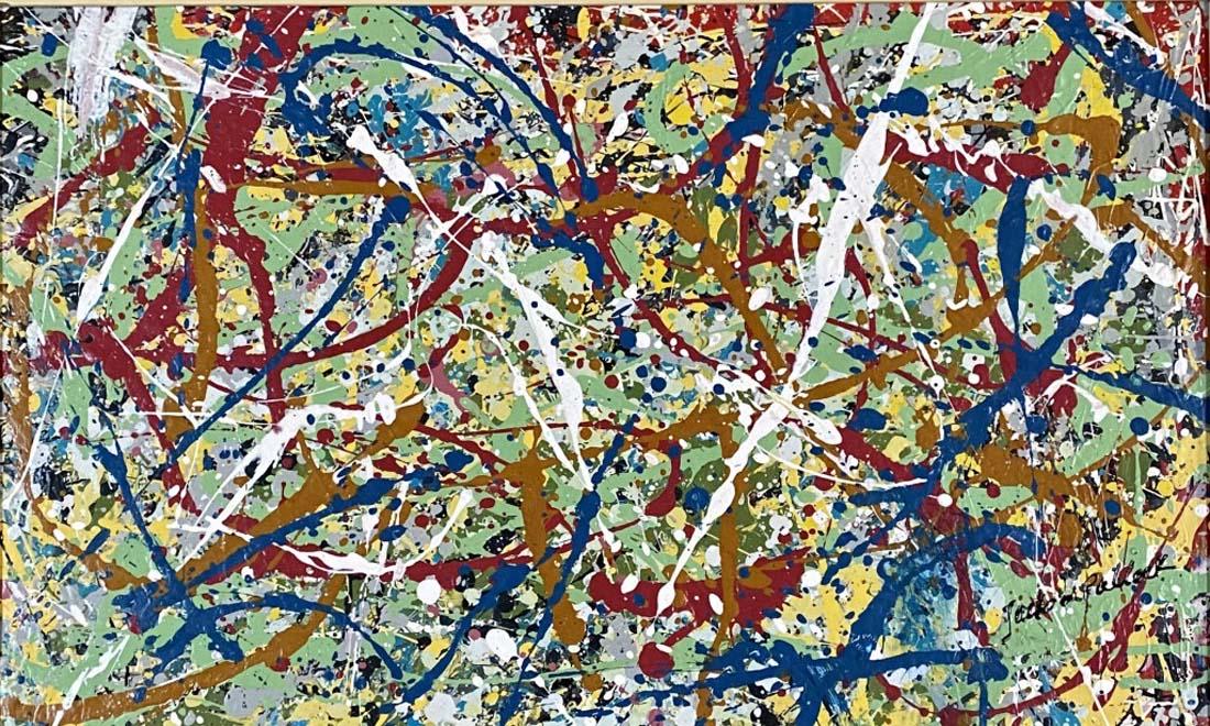 JACKSON POLLOCK OIL ON CANVAS ABSTRACT PAINTING: MEASUREMENTS:20"HX30"W FRAMED, MINT CONDITION/"in the style of" Paul Jackson Pollock (January 28, 1912 – August 11, 1956) was an American painter and a major figure in the abstract expressionist mov