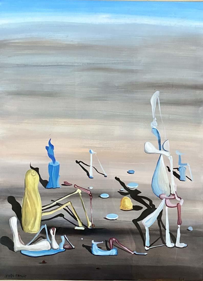 YVES TANGUY OIL ON PAPER SURREALIST PAINTING V$15,000: MEASUREMENTS:30"WX36"H FRAMED, MINT CONDITION/"in the style of"Raymond Georges Yves Tanguy, known as just Yves Tanguy, was a French surrealist painter.Tanguy, the son of a retired navy captain, was bo