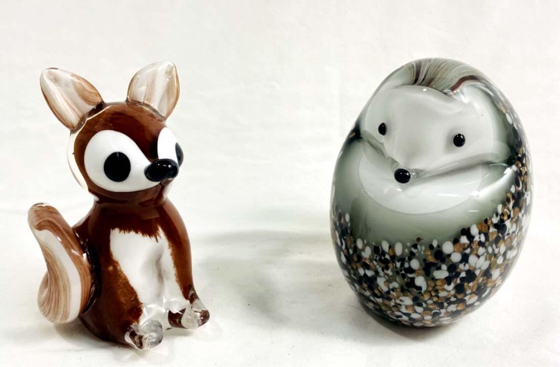 ADORABLE ART GLASS PORCUPINE AND FOX FIGURINES: 4.5"H EACH MINT CONDITION
