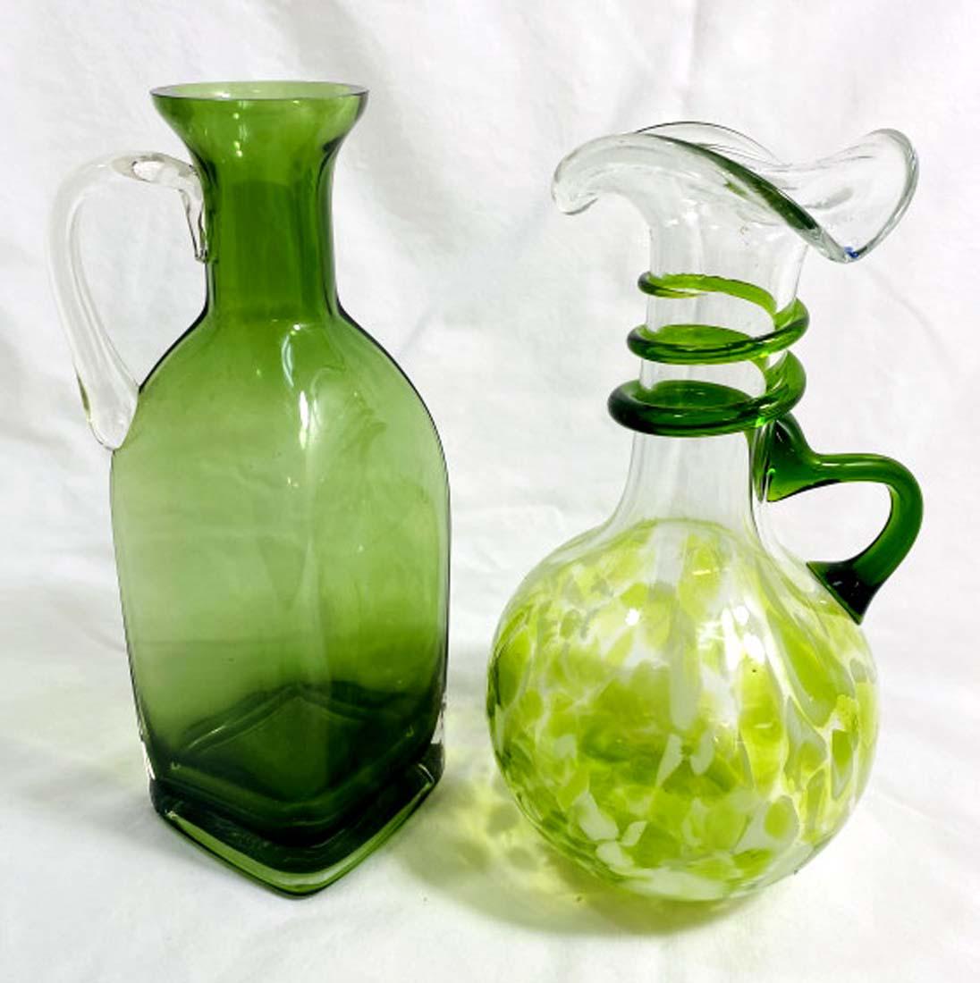 LOT OF 2 VINTAGE GREEN HAND BLOWN GLASS PITCHERS (1 of 1)