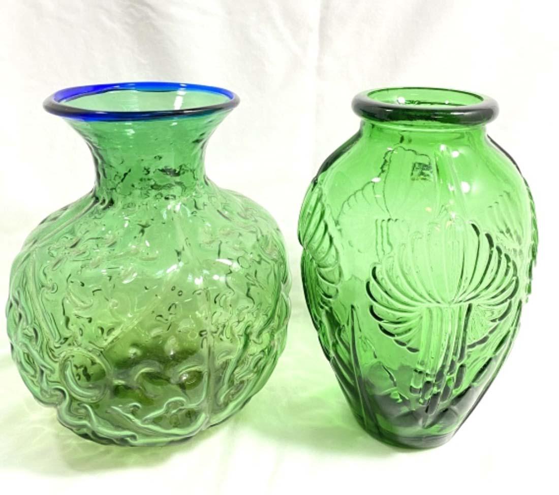 LOT OF 2 MID CENTURY GREEN BOHEMIAN GLASS VASES (1 of 1)