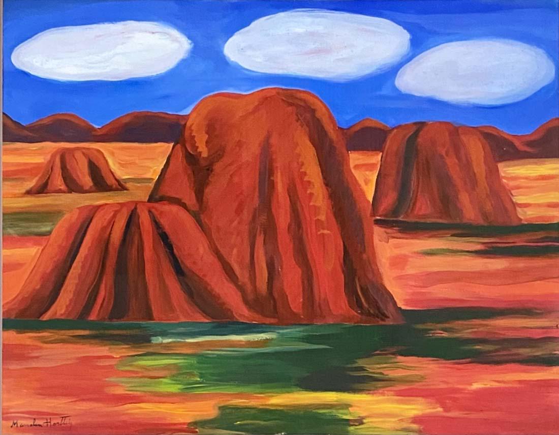 MARSDEN HARTLEY OIL ON PAPER MODERNIST PAINTING: MEASUREMENTS:35"HX41"W FRAMED/MINT CONDITION/"in the style of" Marsden Hartley was an American Modernist painter, poet, and essayist. Hartley developed his painting abilities by observing Cubist artis