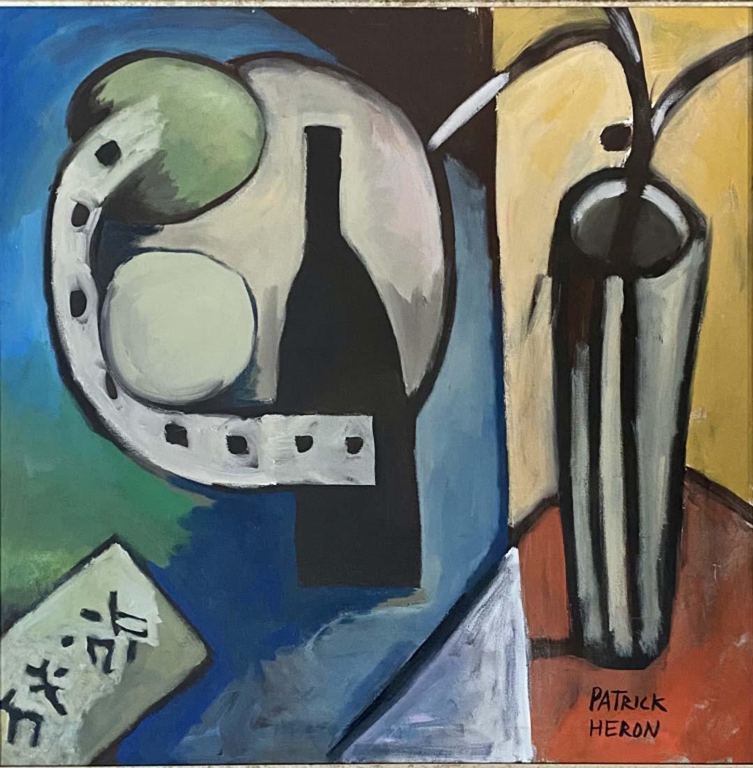 PATRICK HERON OIL ON CANVAS STILL LIFE V$40,000: MEASUREMENTS:34"WX35"H FRAMED/MINT CONDITION/"in the style of"Patrick Heron CBE was a British abstract and figurative artist, critic, writer, and polemicist, who lived in Zennor, Cornwall. Heron was r