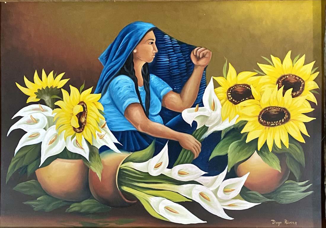 DIEGO RIVERA FIGURATIVE OIL ON CANVAS V$23,000: MEASUREMENTS:44"WX32"H FRAMED, MINT CONDITION, BEAUTIFUL WOODEN FRAME/"in the style of"Diego MarÃ­a de la ConcepciÃ³n Juan Nepomuceno Estanislao de la Rivera y Barrientos Acosta y RodrÃ­guez, kn