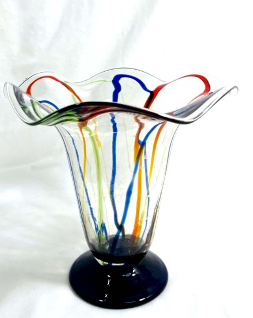 GORGEOUS COLOR LINES HAND BLOWN ITALIAN GLASS VASE (1 of 1)