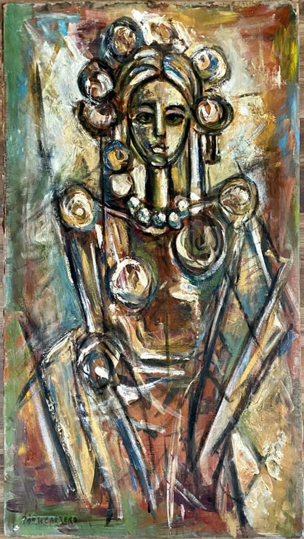 RENE PORTOCARRERO FIGURATIVE ACRYLIC ON CANVAS V$32,000: MEASUREMENTS:25"WX45"H NO FRAME, SHOWS AGE, COMING APART FROM THE WOOD FRAME. /RenÃ© Portocarrero was a Cuban artist recognised internationally for his achievements. As well as a painter and sculpto