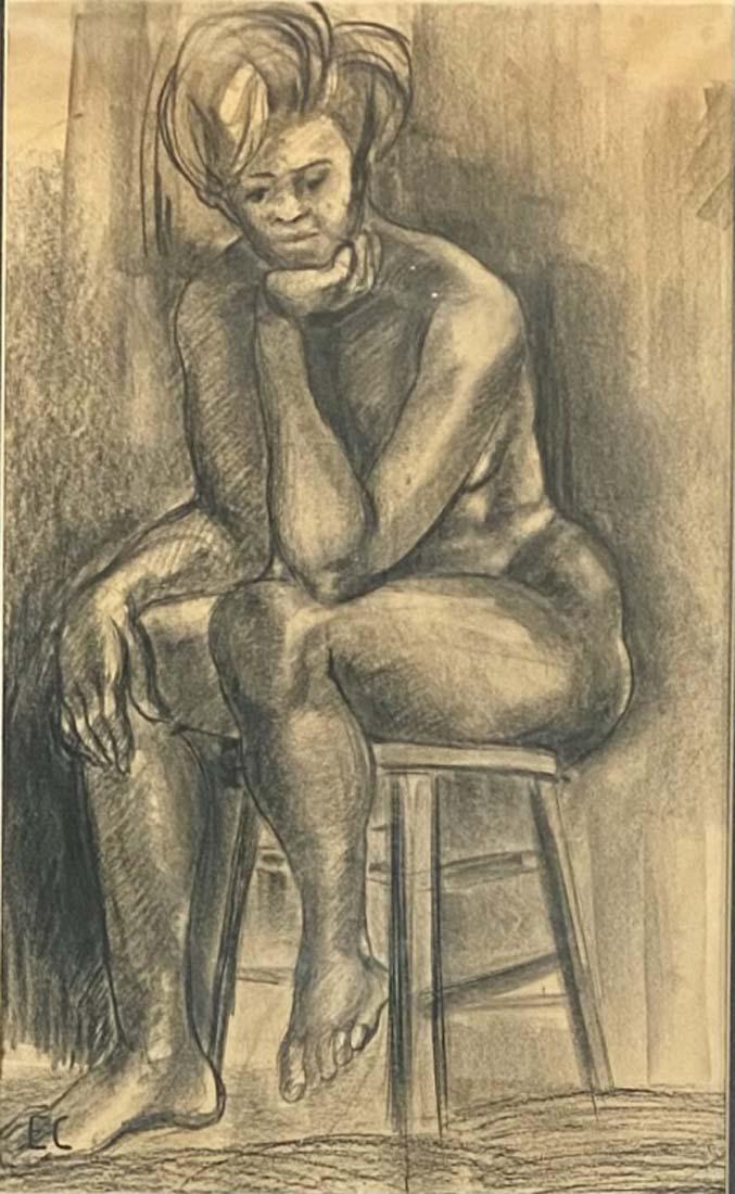 ELIZABETH CATLETT FIGURATIVE CHARCOAL ON PAPER V$33,000: MEASUREMENTS:19"WX28"H FRAMED, VERY GOOD CONDITION/"in the style of" Elizabeth Catlett, born as Alice Elizabeth Catlett, also known as Elizabeth Catlett Mora was an American-born Mexican sculptor and 