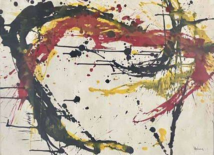 NORMAN BLUHM ABSTRACT OIL ON PAPER PAINTING V$15,000: MEASUREMENTS:27"HX39"W FRAMED AND MATTED/"in the style of" Norman Bluhm, was an American painter classified as an abstract expressionist, and as an action painter.Bluhm's work has been critically prai