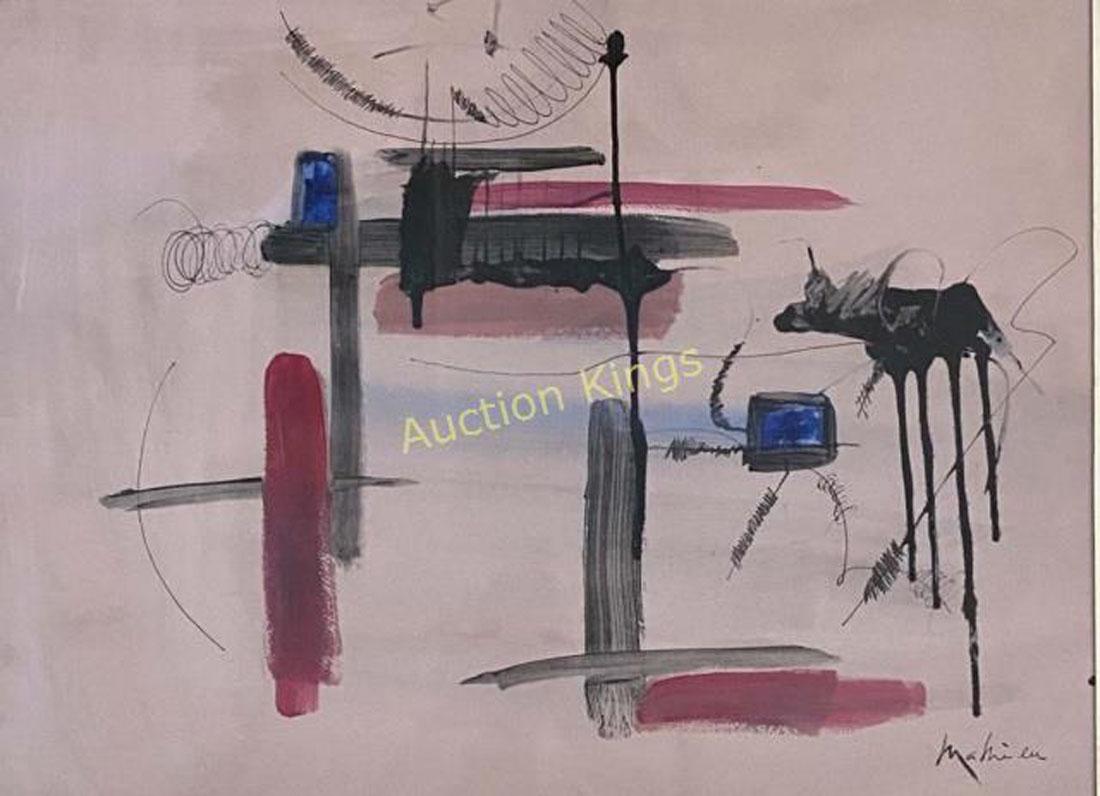 GEORGES MATHIEU OIL ON PAPER ABSTRACT PAINTING V$10,000: MEASUREMENTS:28"HX36"W FRAMED /VERY GOOD CONDITION/"in the style of"Georges Mathieu Georges Mathieu was a French abstract painter, art theorist and member of the AcadÃ©mie des Beaux-Arts in Paris. H