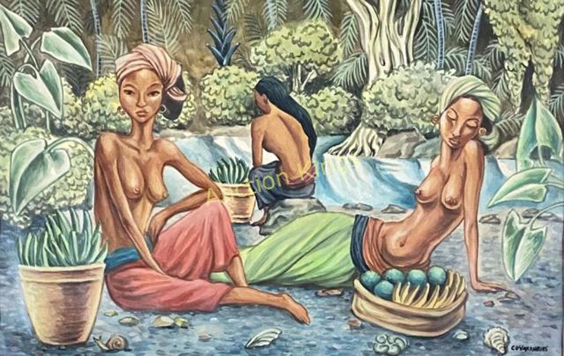 MIGUEL COVARRUBIAS FIGURATIVE MIXED MEDIA ON PAPER: MEASUREMENTS:41"WX30"H FRAMED, MINT CONDITION/"in the style of"Miguel Covarrubias, also known as JosÃ© Miguel Covarrubias Duclaud was a Mexican painter, caricaturist, illustrator, ethnologist and ar