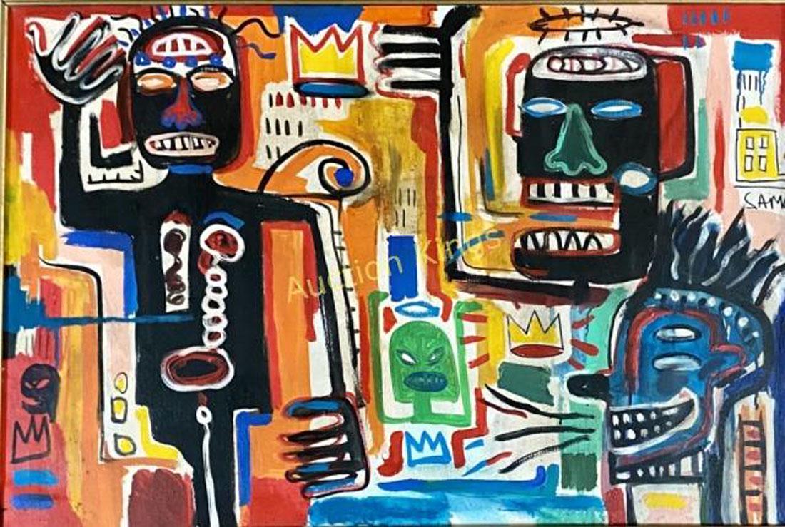 JEAN-MICHEL BASQUIAT MIXED MEDIA ON CANVAS V$36,000: MEASUREMENTS:29"HX49"W FRAMED, MINT CONDITION, NEEDS NEW FRAME/"in the style of"Jean-Michel Basquiat was an American artist who rose to success during the 1980s as part of the Neo-expressionism moveme