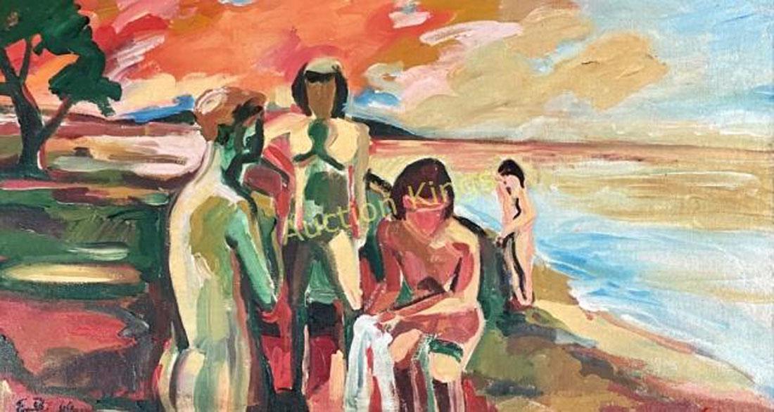 ELMER BISCHOFF FIGURATIVE OIL ON BOARD V$16,000: MEASUREMENTS:19"HX33"W FRAMED, "in the style of"Elmer Nelson Bischoff was a visual artist in the San Francisco Bay Area. Bischoff, along with Richard Diebenkorn and David Park, was part of the post-Wo