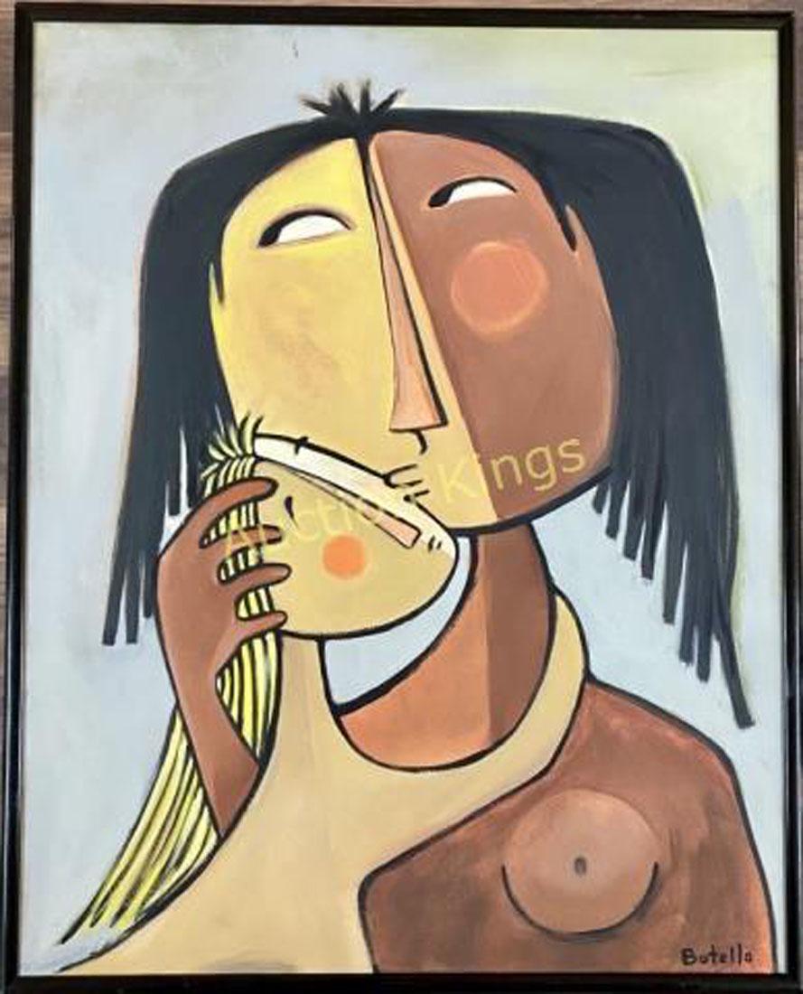 ANGEL BOTELLO FIGURATIVE OIL ON CANVAS V$34,000: MEASUREMENTS: 16"WX20"H FRAMED MINT CONDITION/"in the style of" Ãngel Botello was a Spanish-Puerto Rican painter, sculptor and graphic artist. He was dubbed "The Caribbean Gauguin" for his use of bol