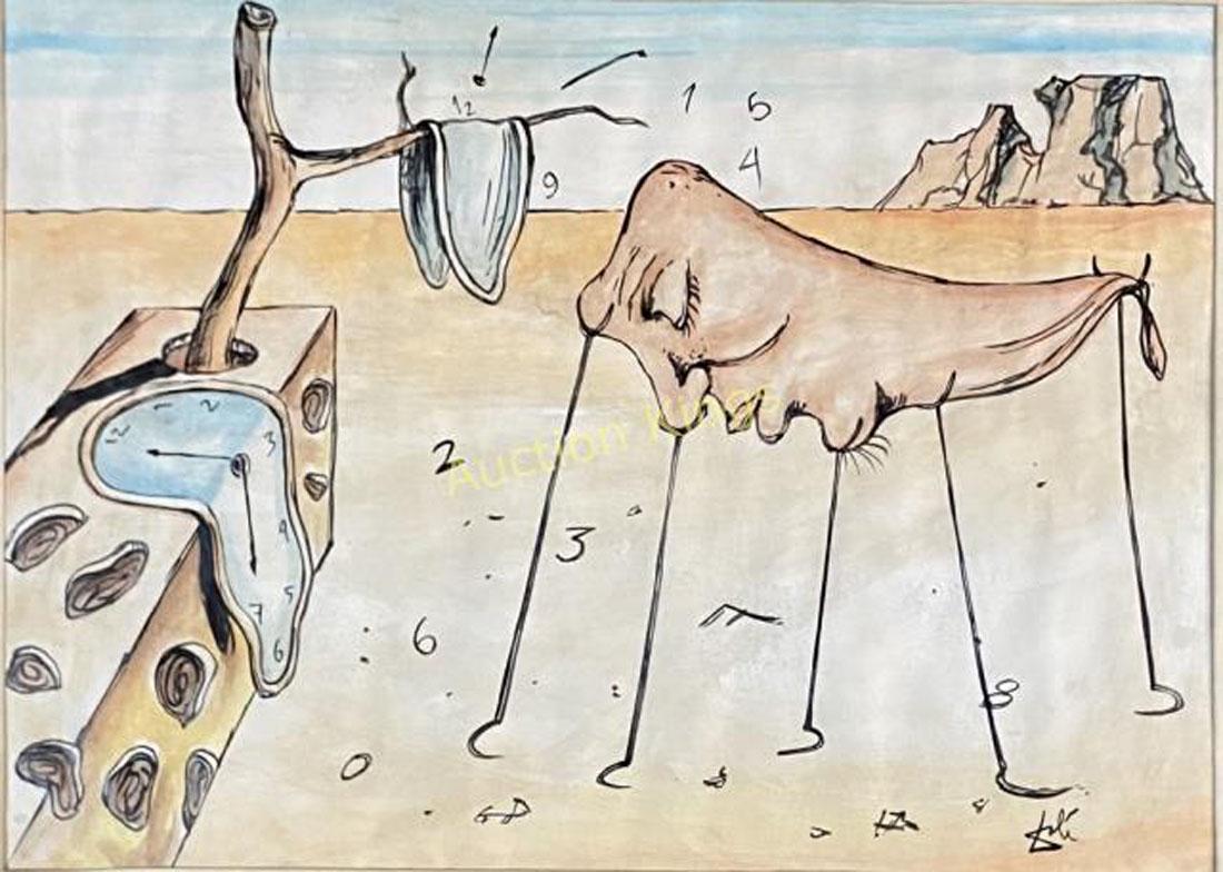 SALVADOR DALI WATERCOLOR ON PAPER V$26,000: MEASUREMENTS:25"HX32"W FRAMED, NO GLASS IN FRAME, OK CONDITION, /"in the style of" Salvador Domingo Felipe Jacinto DalÃ­ i DomÃ¨nech, 1st Marquess of DalÃ­ of PÃºbol gcYC was a Spanish surreal