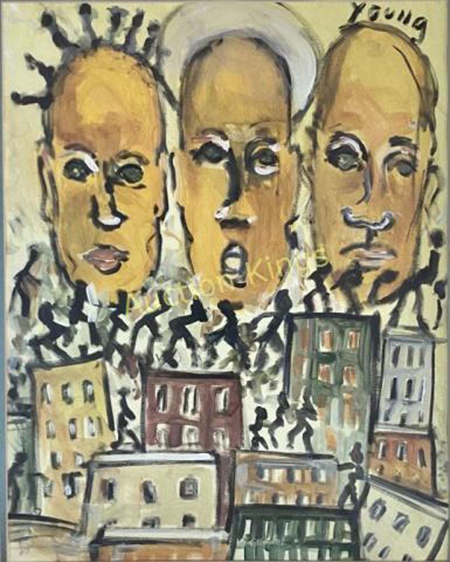 PURVIS YOUNG FIGURATIVE OIL ON PAPER V$17,000: MEASUREMENTS:20"WX24"H FRAMED /MINT CONDITION/"in the style of" Purvis Young was an American artist from the Overtown neighborhood of Miami, Florida/Young found strong influence in Western art history
