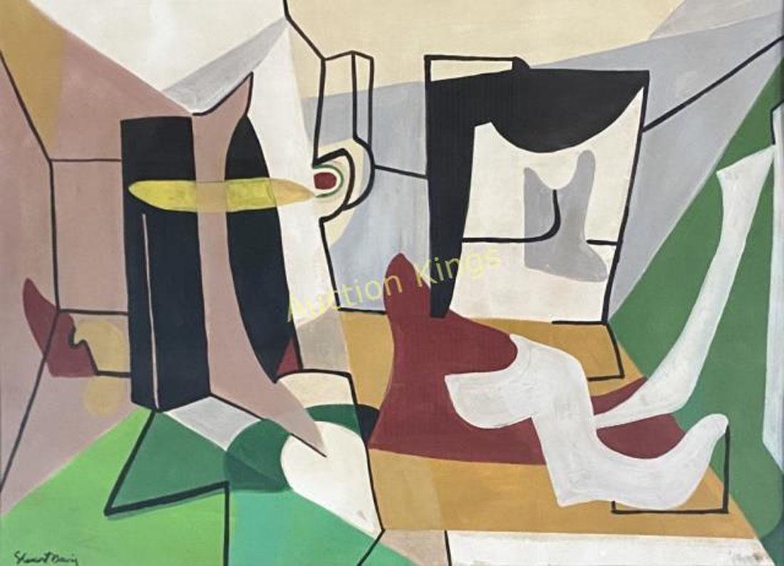 STUART DAVIS ABSTRACT OIL ON PAPER PAINTING V$21,000: MEASUREMENTS: 31"HX42"W FRAMED, VERY GOOD CONDITION/"in the style of" Stuart Davis, was an early American modernist painter. He was well known for his jazz-influenced, proto-pop art paintings of the 1