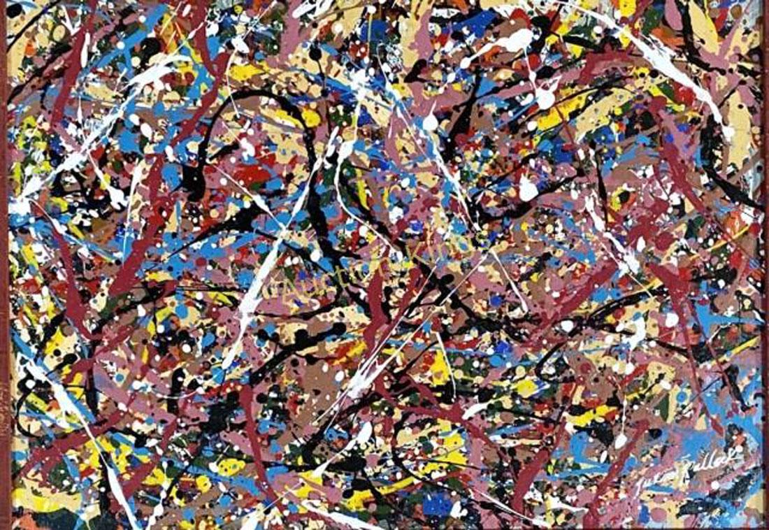 JACKSON POLLOCK ABSTRACT OIL ON CANVAS PAINTING: MEASUREMENTS:26"HX35"W FRAMED ,MINT CONDITION/"in the style of" Jackson Pollock was an American painter and a major figure in the abstract expressionist movement.Pollock was introduced to the use of l