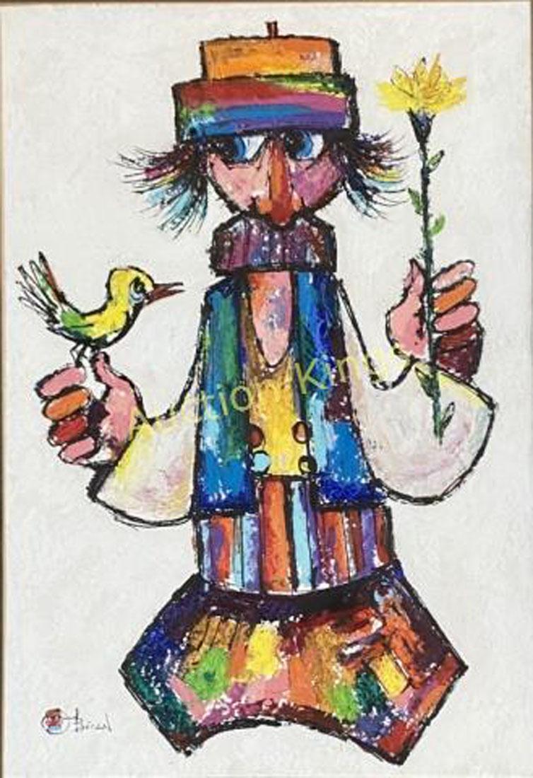 JOVAN OBICAN OIL ON PAPER FIGURATIVE V$7,500: MEASUREMENTS:27"WX36"H FRAMED, MINT CONDITION/"in the style of" Jovan Obican was a French painter and lithographer best known for his depictions of folklore and traditional costumes rendered in a play