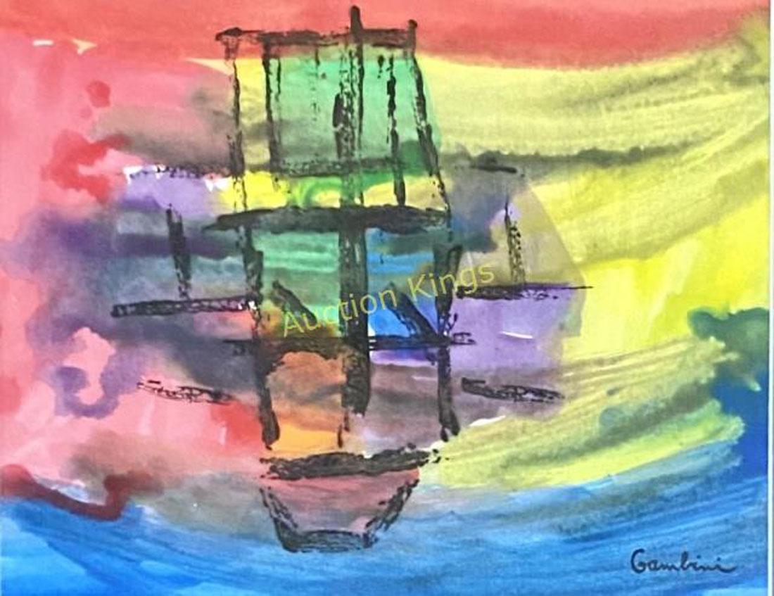 WILLIAM GAMBINI WATERCOLOR MIXED MEDIA ON PAPER V$3,500: MEASUREMENTS: 18"WX22"H FRAMED, MINT CONDITION/"in the style of"William Gambini was an American painter who was born in 1918. William Gambini's work has been offered at auction multiple times, with re