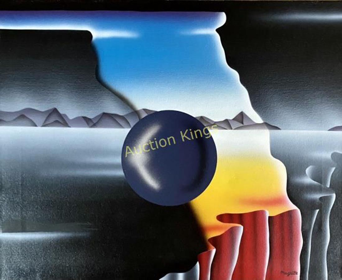 RENE MAGRITTE ABSTRACT OIL ON CANVAS V$28,000: MEASUREMENTS:19"HX24"W NO FRAME, MINT CONDITION/"in the style of" RenÃ© FranÃ§ois Ghislain Magritte was a Belgian surrealist artist, who became well known for creating a number of witty and though
