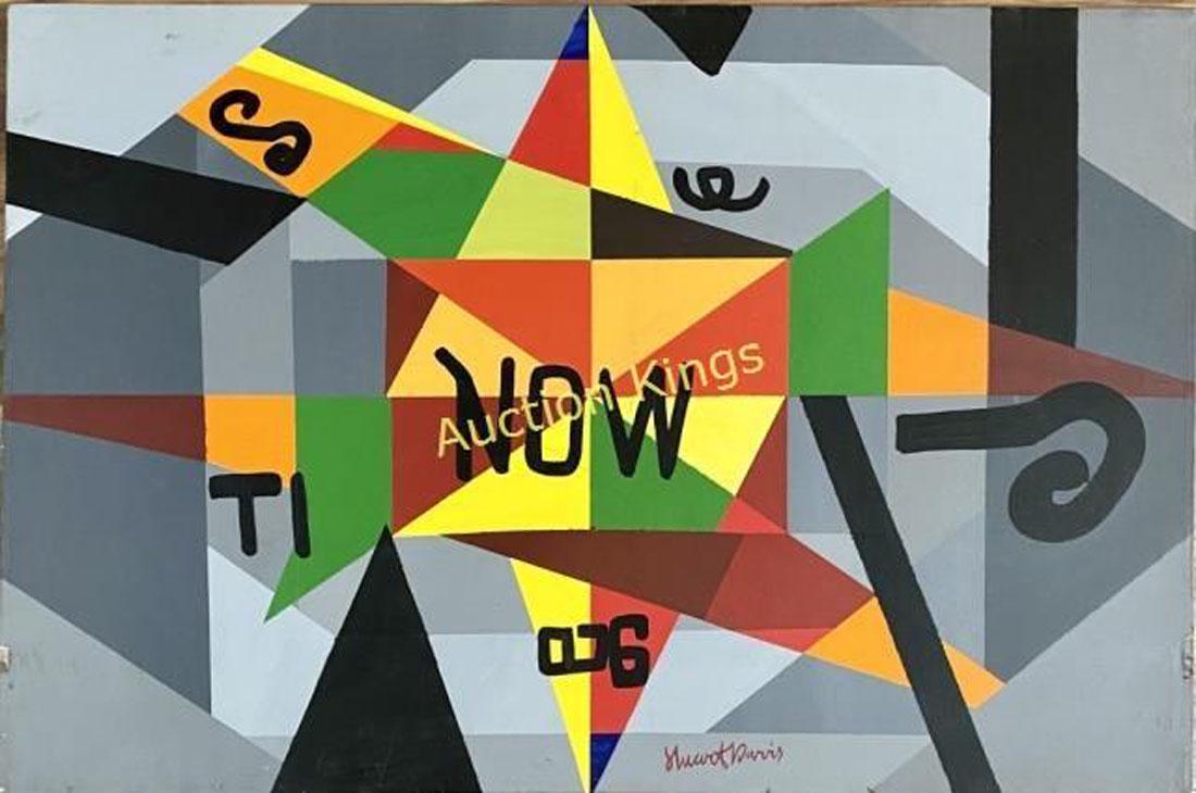 STUART DAVIS MODERNIST OIL ON CANVAS V$30,000: MEASUREMENTS:24"HX36"W NO FRAME, MINT CONDITION/"in the style of" Stuart Davis, was an early American modernist painter. He was well known for his jazz-influenced, proto-pop art paintings of the 1940s