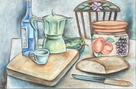 PRESTON DICKINSON STILL LIFE PASTEL ON PAPER V$38,000: MEASUREMENTS:25"HX31"W FRAMED, GOOD CONDITION, NO GLASS IN FRAME/ "in the style of"William Preston Dickinson was an American modern artist, best known for his paintings of industrial subjects in the P