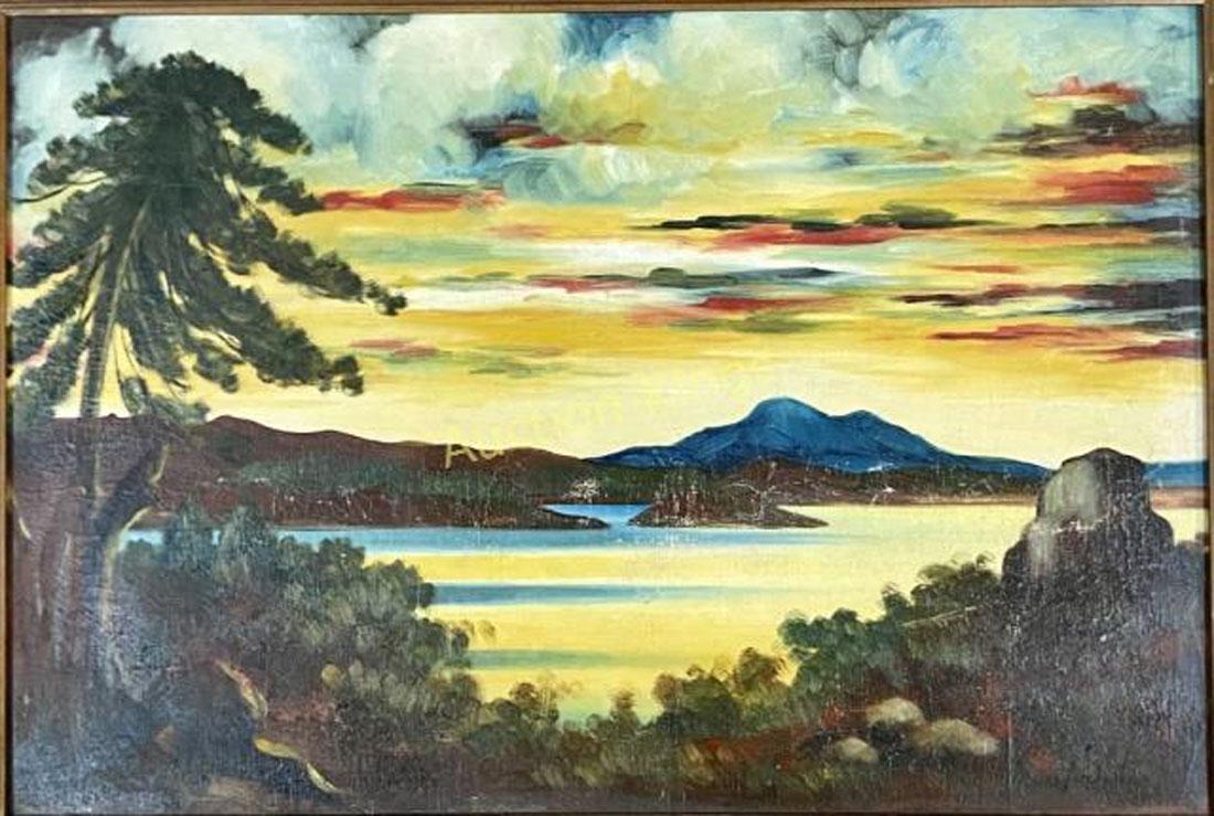 EMIL NOLDE LANDSCAPE OIL ON CANVAS V$18,000: MEASUREMENTS: 24"HX34"W FRAMED, GOOD CONDITION, CRAQUELURE THROUGHOUT/"in the style of" Emil Nolde was a German-Danish painter and printmaker. He was one of the first Expressionists, a member of Die B