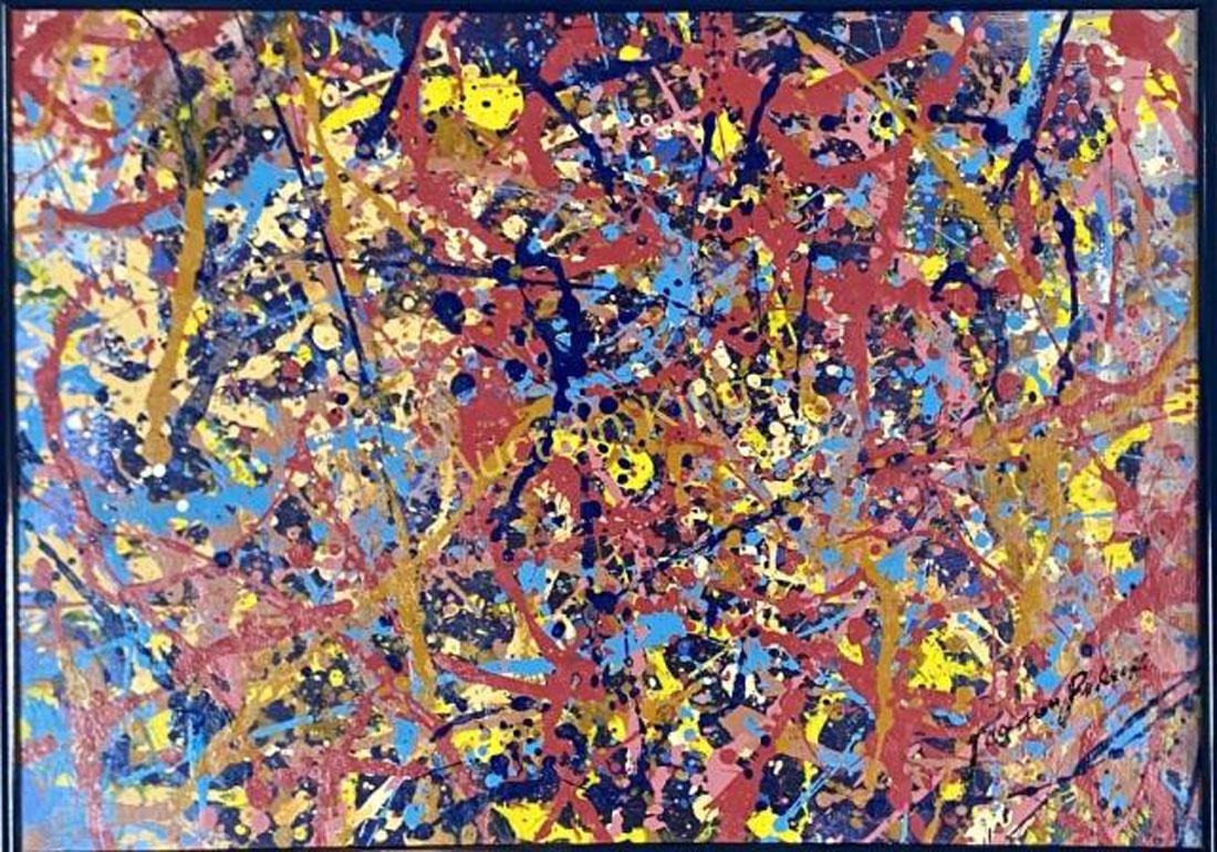 JACKSON POLLOCK ABSTRACT OIL ON CANVAS V$60,000: MEASUREMENTS: 26"HX34"W FRAMED, NO GLASS IN FRAME, MINT CONDITION/"in the style of" Paul Jackson Pollock was an American painter and a major figure in the abstract expressionist movement. He was widel