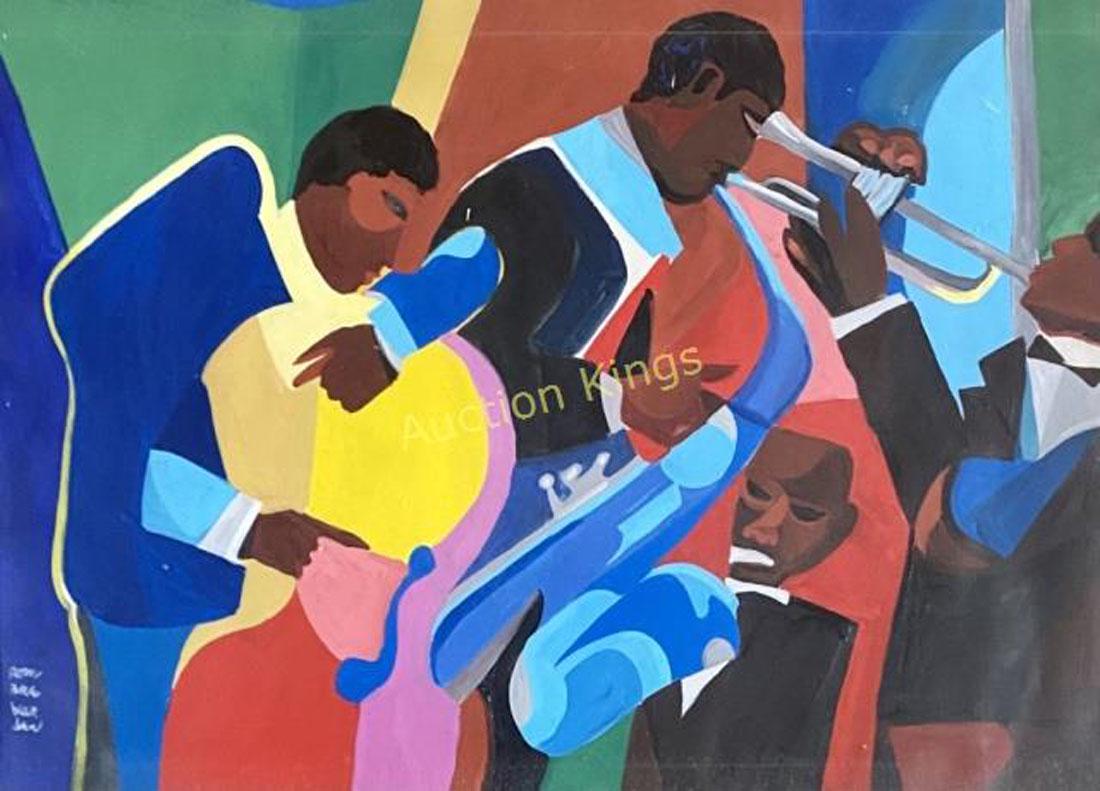 ROMARE BEARDEN FIGURATIVE OIL ON PAPER V$28,000: MESUREMENTS:26"HX38"W FRAMED, MINT CONDITION/"in the style of"Romare Bearden was an African-American artist, author, and songwriter. He worked with many types of media including cartoons, oils, and co