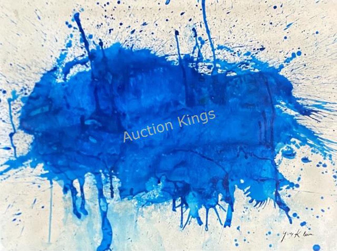 YVES KLEIN ABSTRACT WATERCOLOR ON PAPER V$22,000: MEASUREMENTS:26"HX31"W FRAMED, MINT CONDITION/"in the style of"Yves Klein was a French artist and an important figure in post-war European art. He was a leading member of the French artistic movement