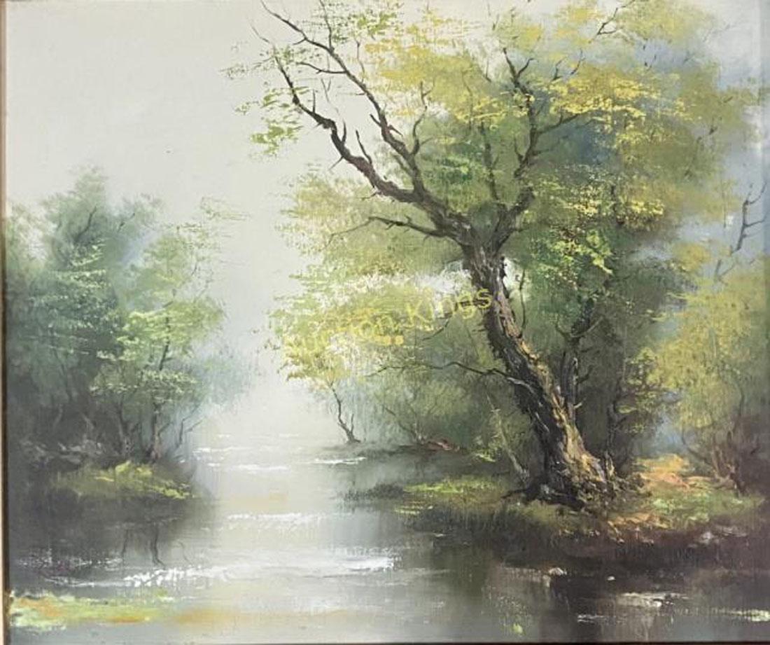 BOB ROSS OIL ON CANVAS LANDSCAPE V$56,000: MEASUREMENTS:25"HX30"W MINT CONDITION/"in the style of"Robert Norman Ross was an American painter, art instructor, and television host. He was the creator and host of The Joy of Painting, an instructi