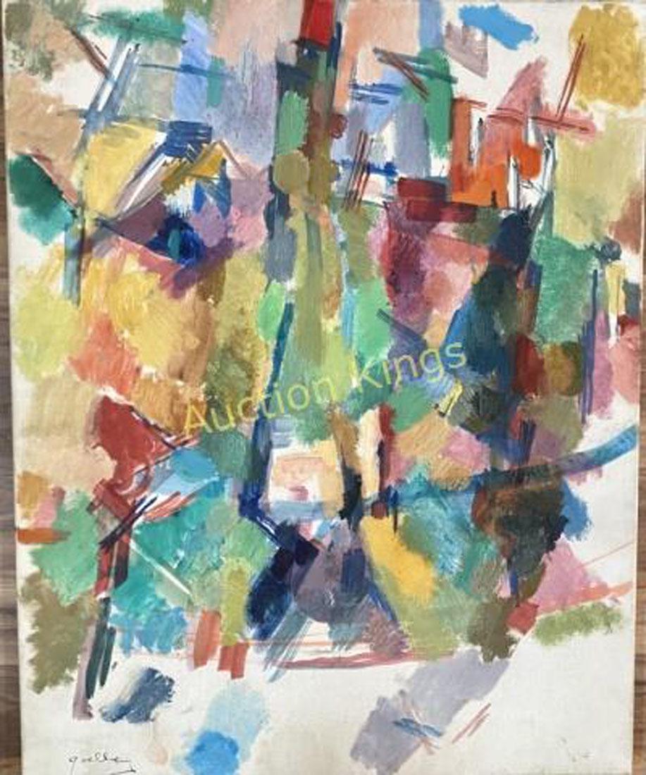 MICHAEL GOLDBERG MIXED MEDIA ON CANVAS V$50,000: MEASUREMENTS:25"WX32"H , NO FRAME, GOOD CONDITION, SHOWS AGE/"in the style of" Michael Goldberg was an American abstract expressionist painter and teacher known for his gestural action paintings, abst