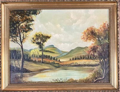 DANIEL CHARLES GROSE OIL/CANVAS LANDSCAPE V$21,000: MEASUREMENTS:21"HX27"W MINT CONDITION/"in the style of"Daniel Charles Grose was a prolific Canadian-American painter of the Hudson River School who was active between 1864 and 1900. Primarily known fo