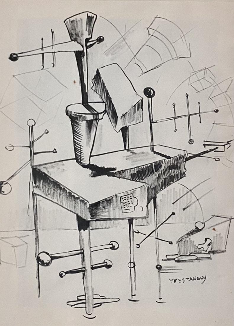 IVES TANGUY INK SURREALIST SKETCH ON PAPER V$14,000: MEASUREMENTS:19"WX23"H FRAMED, MINT CONDITION/"in the style of"Throughout the 1930s, Tanguy adopted the bohemian lifestyle of the struggling artist with gusto, leading eventually to the failure of his