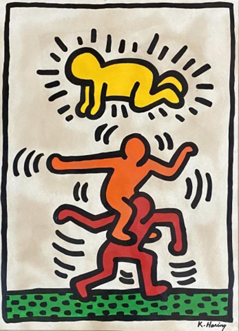 KEITH HARING OIL ON PAPER POP ART V$53,000: MEASUREMENTS: 40"HX30"W FRAMED, MINT CONDITION/"in the style of"Keith Allen Haring was an American artist whose pop art emerged from the New York City graffiti subculture of the 1980s. His animated im