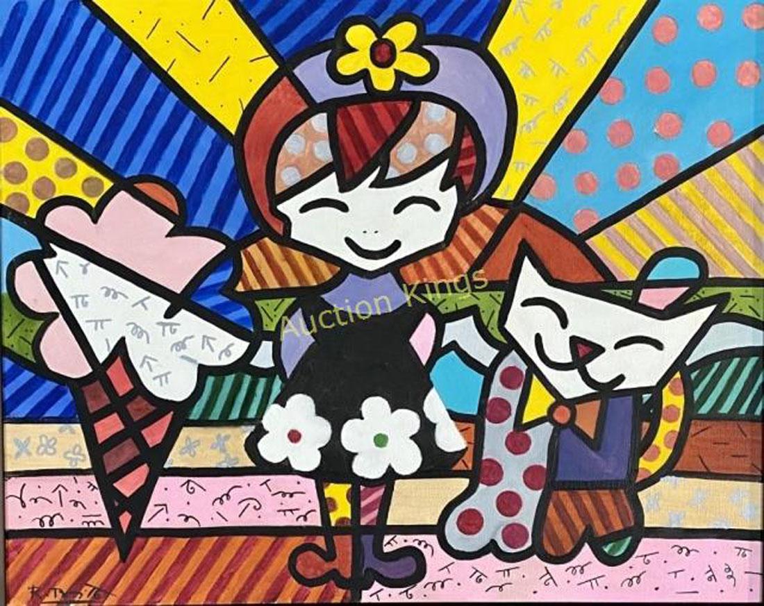 ROMERO BRITTO OIL/CANVAS POP ART PAINTING V$26,000: MEASUREMENTS:17"HX21"W FRAMD, NO GLASS IN FRAME, MINT CONDITION/"in the style of" Romero Britto is a Brazilian artist, painter, serigrapher, and sculptor. He combines elements of cubism, pop art, and 