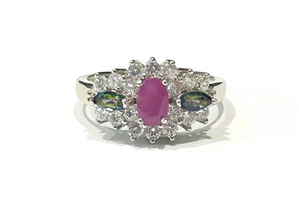 GORGEOUS RUBY, WHITE & MYSTIC TOPAZ ESTATE RING: STERLING SILVER/SIZE 7