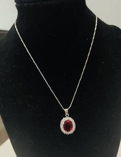 BEAUTIFUL OVAL RED CRYSTAL DECO PENDANT NECKLACE: 16-17" WHITE GOLD PLATE